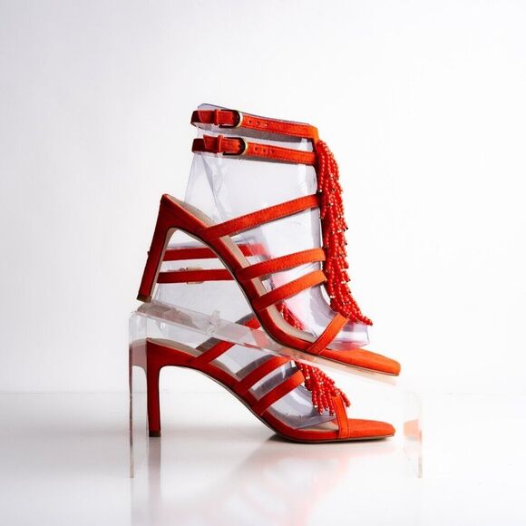 Boden Womens sandals Heels Orange Suede Beaded Open Toe US 7 EU 38 NWD - Picture 7 of 12